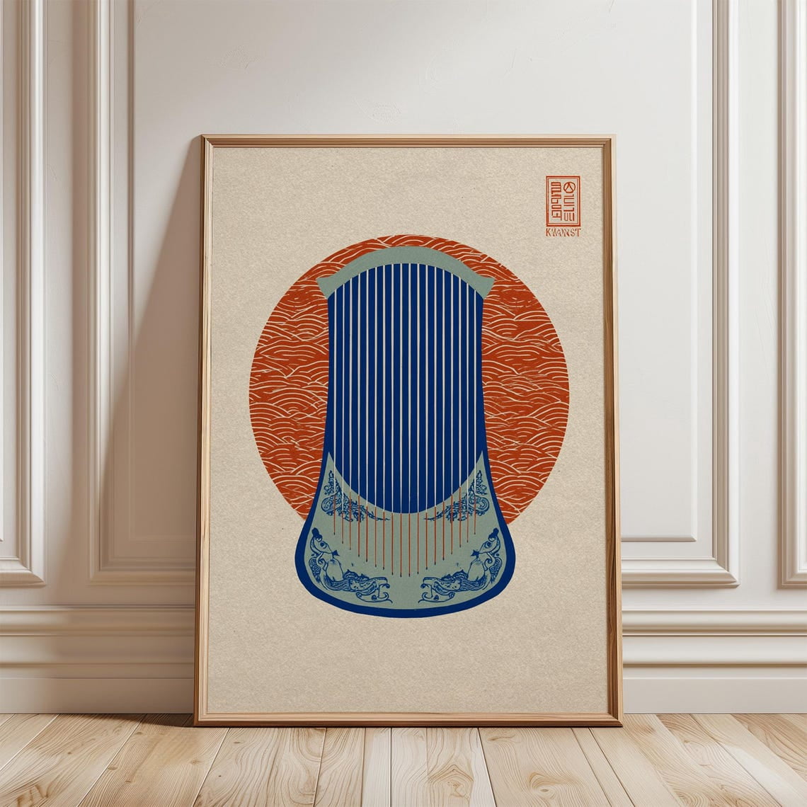 Blue Red Japanese Instrument Minimal Asian Graphic Linocut Style ...