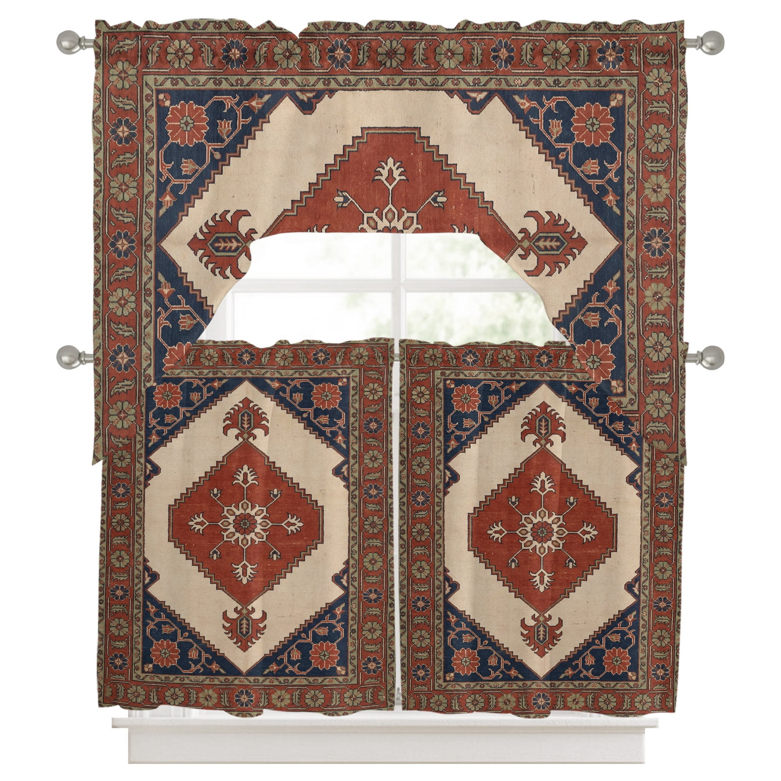 Blue Red Kitchen Curtains Swag Valance and Tier Curtains Set 36 Inch ...