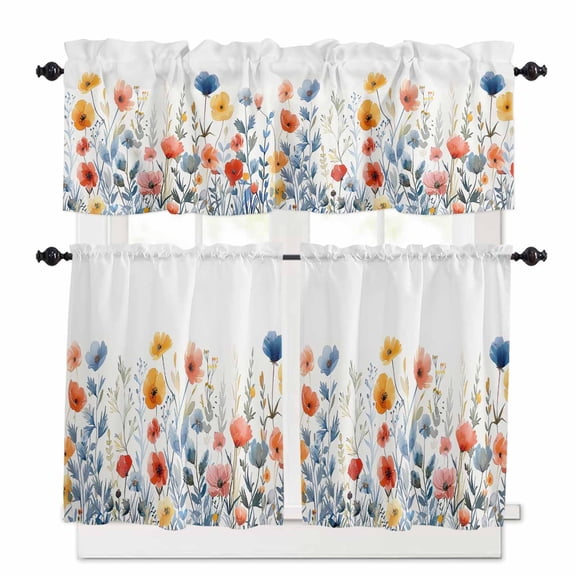 Blue Red Kitchen Curtains Valances and Tiers Set of 3, 24 Inch Length Tier Curtains and Valance Rod Pocket Valance Curtains Set for Kitchen Bathroom Small Windows