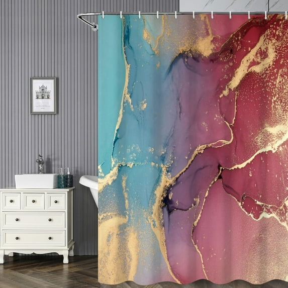 Blue & Red Marble Bathroom Shower Curtain Watercolor Abstract Gold Sand Design Waterproof Polyester Fabric Modern Luxury Bath Decor Includes Hooks (72"x84)