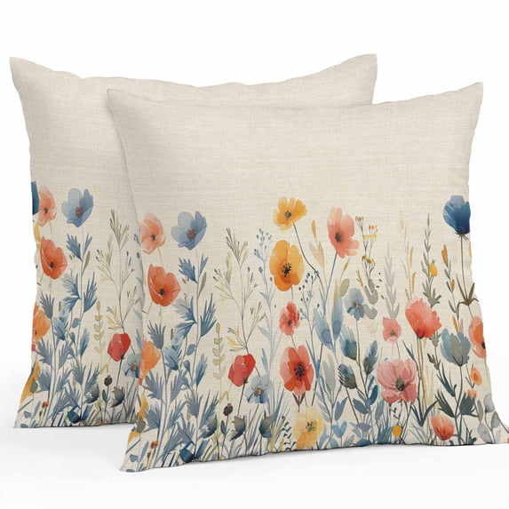 Blue Red Outdoor Pillow Covers Pack of 2 and Yellow Poppy Watercolor Floral Retro Linen Waterproof Throw Pillow Covers Decorative Cushion Cases for Patio Garden Tent Balcony Couch 26x26 inch