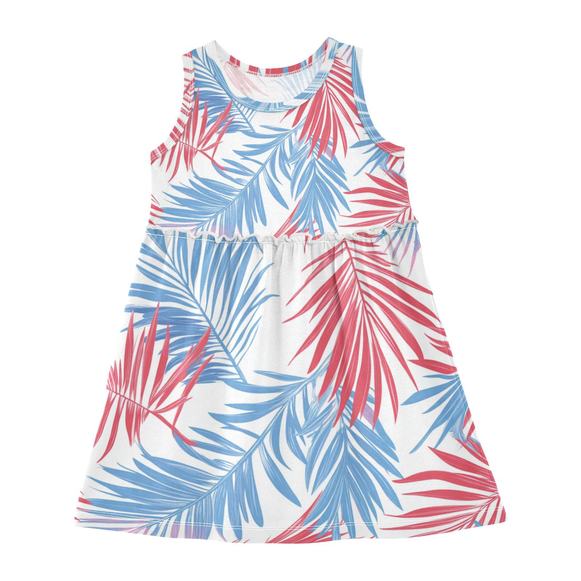 Blue Red Palm Tree Leaves Girls' Sleeveless Dress A-Line One-Piece 