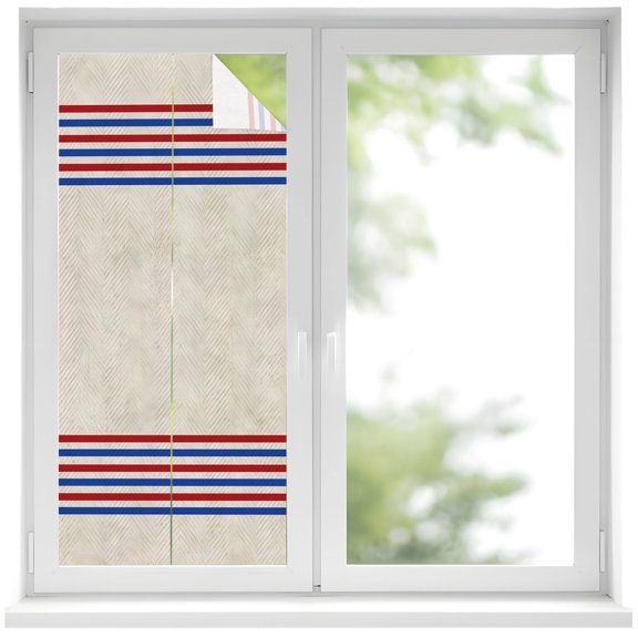 Blue Red Parallel Lines Window Privacy Film, Independence Day Linen Texture Frosted Glass Window Clings Static Cling UV Heat Blocking Reusable Door Sticker for Bathroom 19.6 x 39.3 Inch