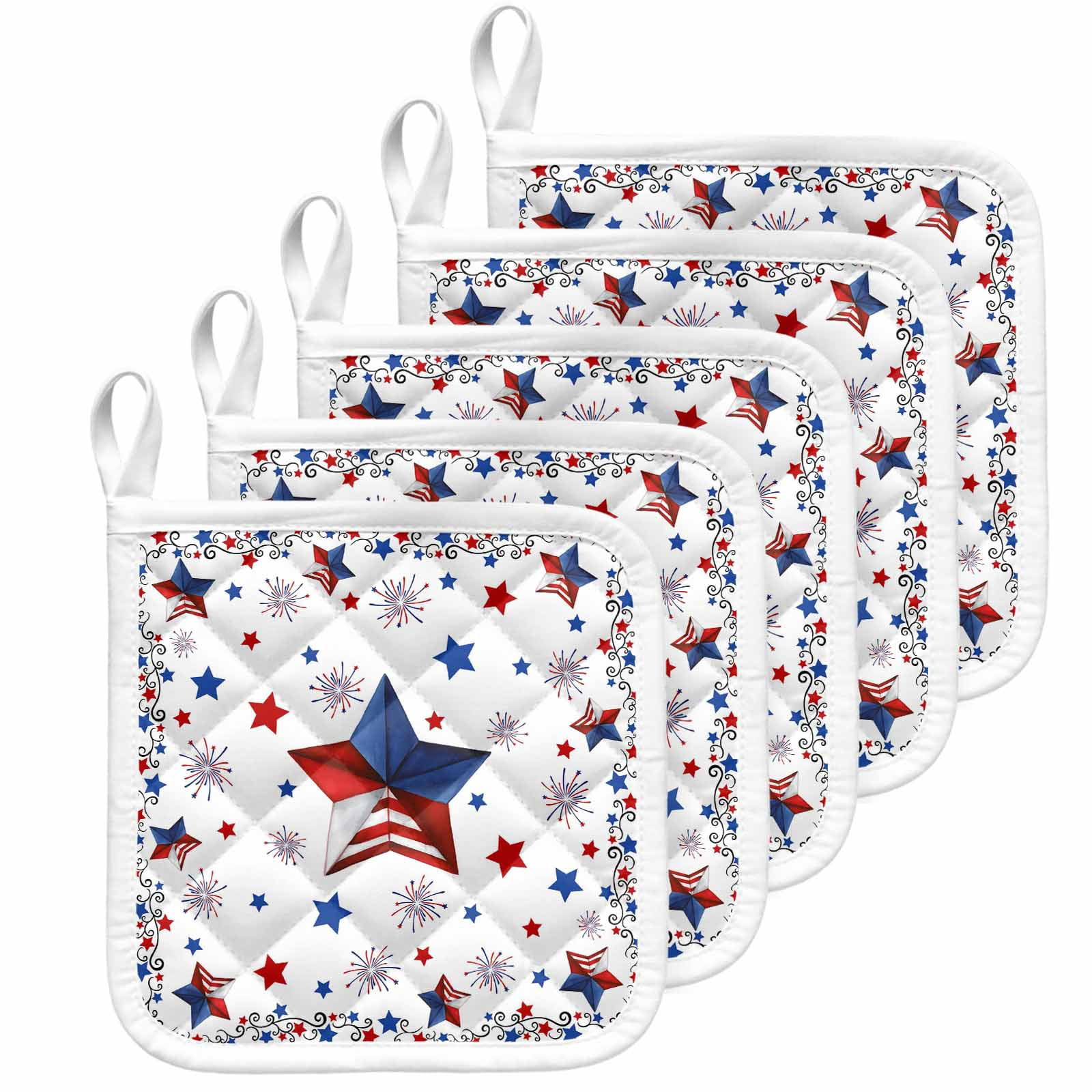 Blue Red Pentagram Pot Holders for Kitchen Heatproof Potholder, 5 Pack Independence Day Retro Country Hot Pads Multipurpose Oven Pads Cloth Potholders Trivet for Cooking Baking