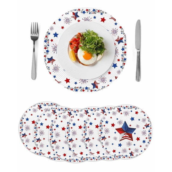 Blue Red Pentagram Round Placemats Set of 6 for Dinning Tables,Heat-proof Braided Table Mats 15 Inch,Independence Day Retro Country Washable Place Mat for Kitchen Restaurant Party Decor Table Setting