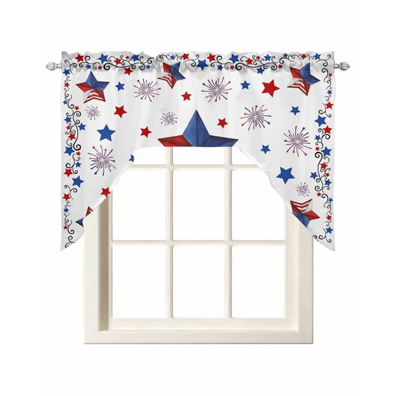 Blue Red Pentagram Swag Valances for Windows, Small Curtains Drapes, Independence Day Retro Country Kitchen Window Curtains Over Sink Rod Pocket Window Treatment Valance for Bedroom/Bathroom 56"x36"