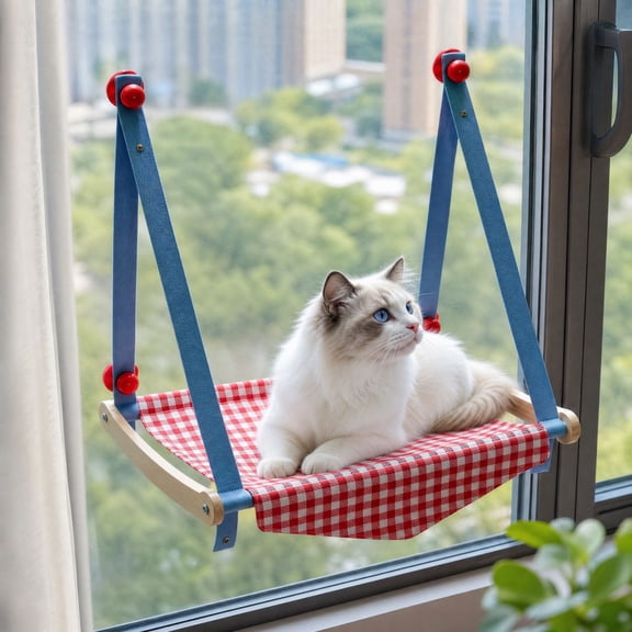Blue Red Plaid Hanging Window Cat Hammock, 360 Panoramic View Window Perch, Canvas Bed, 4 Heavy-Duty Suction Cups, Space-Saving Cat Lounge, Up to 19 Pounds
