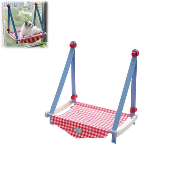 Blue Red Plaid Hanging Window Cat Hammock, 360 Panoramic View Window Perch, Canvas Bed, 4 Heavy-Duty Suction Cups, Space-Saving Cat Lounge, Up to 19 Pounds
