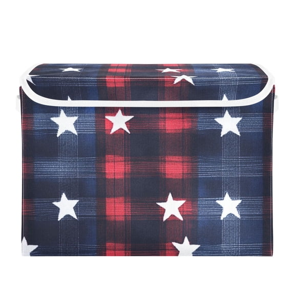 Blue Red Plaid with Stars Foldable Storage Bin with Lid and Handle Collapsible Storage Box 16.5 x 12.6 x 11.8 inches