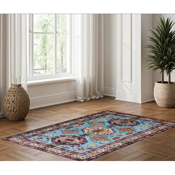 Blue  Red Premium Handwoven Pure Wool Super Kazak Rug, 3ft 4in x 4ft 11in