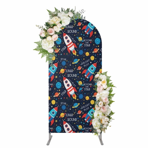 Blue Red Rocket Arch Backdrop Cover 4FT, Cartoon Stars Modern Abstract Art Spandex Fitted Stretchy Arch Stand Covers, Round Top Chiara Backdrop Cover for Wedding Party Birthday Baby Shower