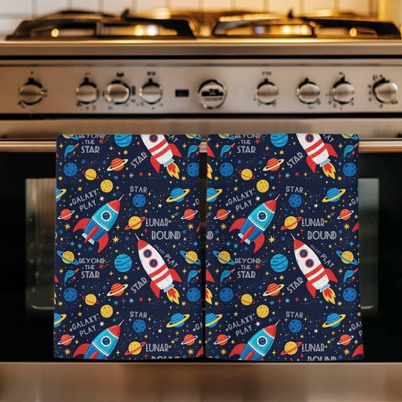 Blue Red Rocket Kitchen Towels Set of 1, Cartoon Stars Modern Abstract Art Absorbent Dish Towels for Kitchen, Microfiber Hand Towel, Quick Drying Tea Towel for Cleaning Decorative Dishcloths