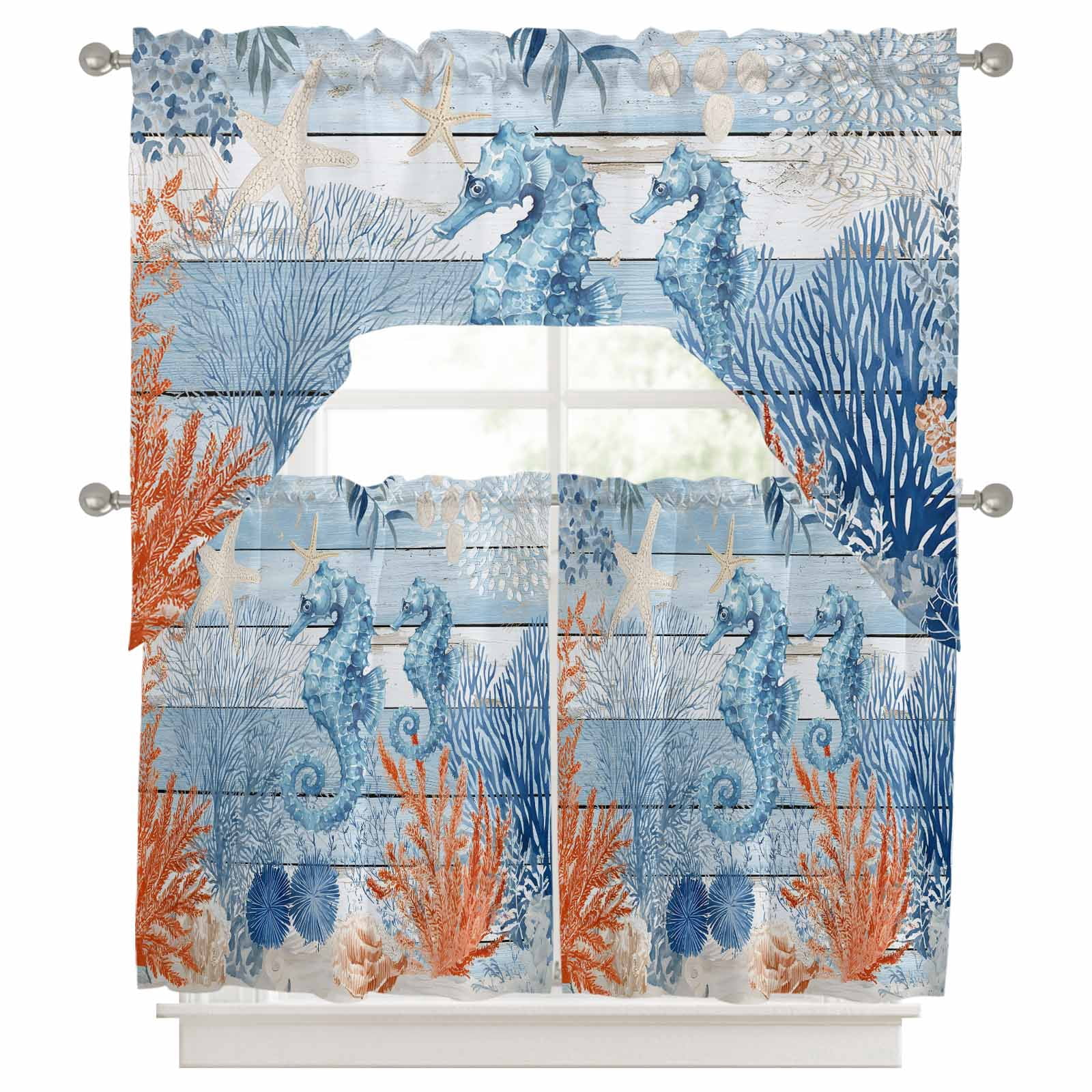 Blue Red Seahorse Coastal Kitchen Curtains Swag Valance and Tier ...