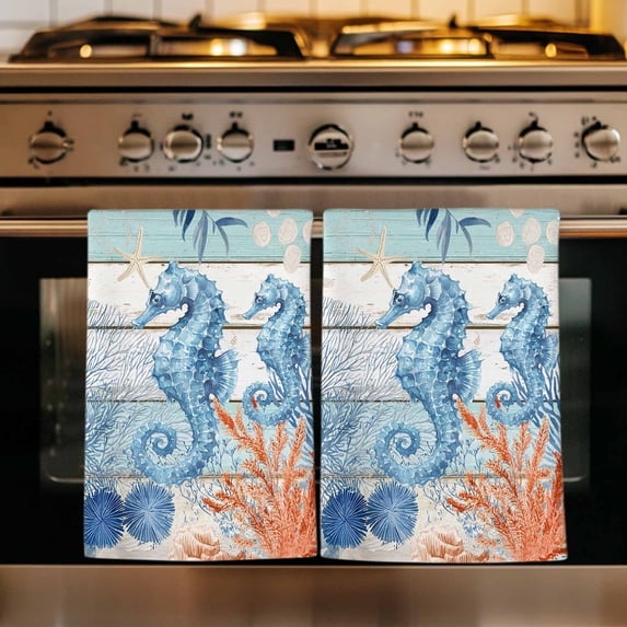Blue Red Seahorse Coastal Kitchen Towels Set of 1, Teal Wood Beach Coral Nautical Absorbent Dish Towels for Kitchen, Microfiber Hand Towel, Quick Drying Tea Towel for Cleaning Decorative Dishcloths