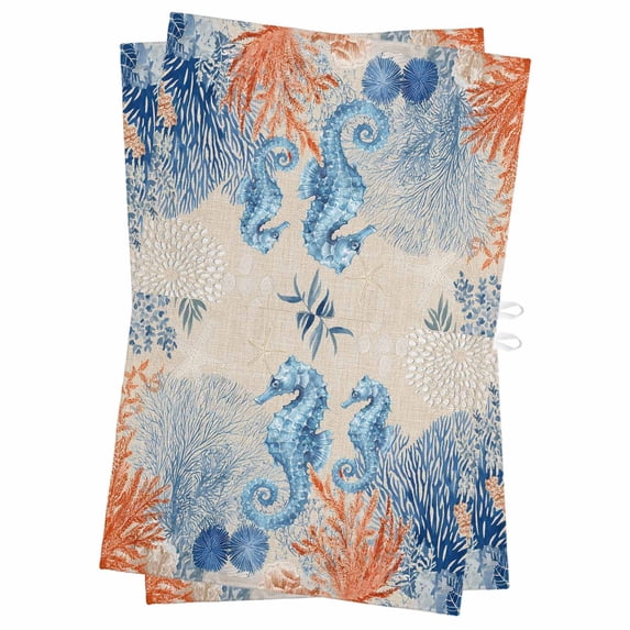 Blue Red Seahorse Coastal Kitchen Towels Set of 2, Water Absorbent Dish Towel, Farmhouse Beach Coral Nautical Decorative Hand Towels - Quick Drying Cloth for Cooking Baking, 18x28 Inch
