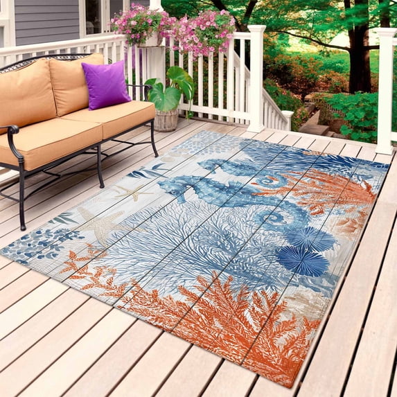 Blue Red Seahorse Coastal Outdoor Rug 4x6 Ft, Non Slip Washable Area Rug, Summer Beach Coral Nautical Wood Patio Rugs Carpet Runner, Large Floor Mat for Indoor/Outdoor Deck Porch Camping