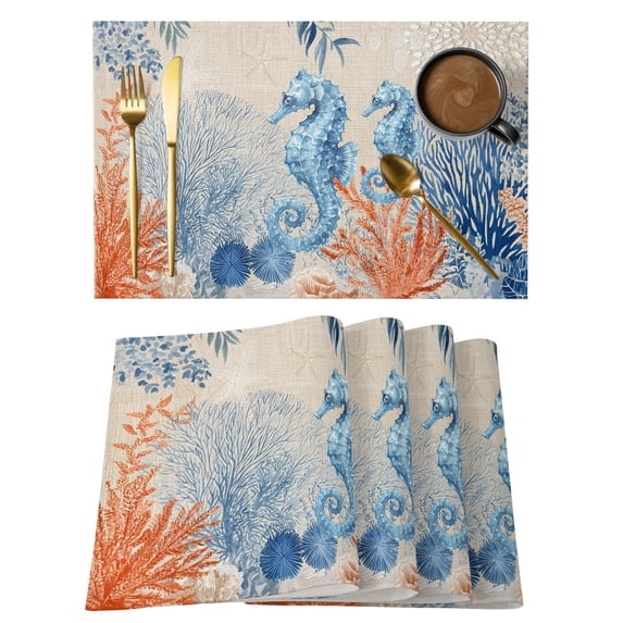 Blue Red Seahorse Coastal Placemats Set of 12 Farmhouse Beach Coral Nautical Place Mats Indoor Wipeable Table Mats Washable Dining Table Placemats for Kitchen Holiday Party Home Decor 13x19 Inch