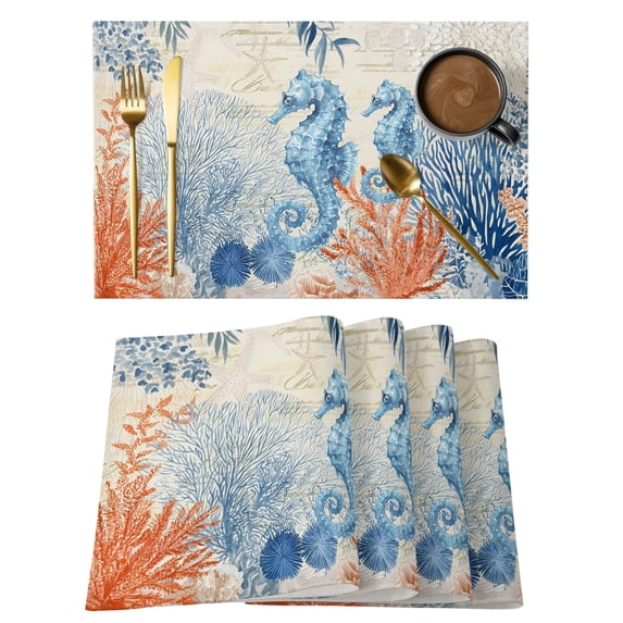 Blue Red Seahorse Coastal Placemats Set of 4 Summer Beach Coral Nautical Vintage Place Mats Indoor Wipeable Table Mats Washable Dining Table Placemats for Kitchen Holiday Party Home Decor 13x19 Inch