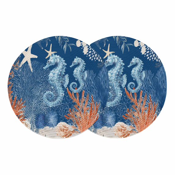 Blue Red Seahorse Coastal Round 13 Inch Placemats Set of 2, Navy Blue Beach Coral Nautical HeatResistant Non Slip Place Mats for Dining Table, Wipeable Braided Kitchen Table Mats for Housewarming