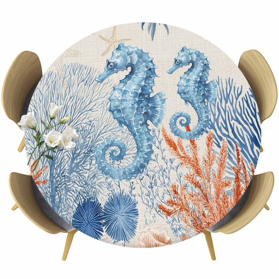 Blue Red Seahorse Coastal Round Tablecloth 36-44 Inch Round Fitted Table Cloth with Elastic Edge, Rustic Beach Coral Nautical Waterproof Table Cover Protector for Outdoor Picnic Party Dining