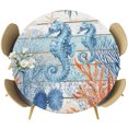thumbnail image 1 of Blue Red Seahorse Coastal Round Tablecloth 45-54 Inch Round Fitted Table Cloth with Elastic Edge, Teal Wood Beach Coral Nautical Waterproof Table Cover Protector for Outdoor Picnic Party Dining, 1 of 9