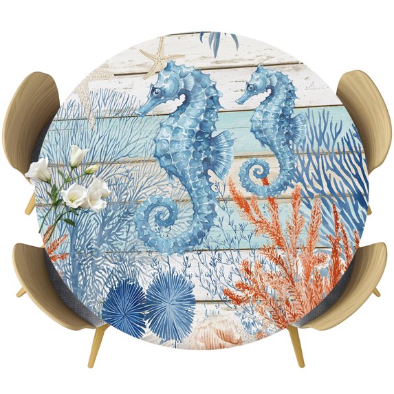 Blue Red Seahorse Coastal Round Tablecloth 45-54 Inch Round Fitted Table Cloth with Elastic Edge, Teal Wood Beach Coral Nautical Waterproof Table Cover Protector for Outdoor Picnic Party Dining