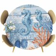 thumbnail image 1 of Blue Red Seahorse Coastal Round Tablecloth 55-60 Inch Round Fitted Table Cloth with Elastic Edge, Blue Wood Beach Coral Nautical Waterproof Table Cover Protector for Outdoor Picnic Party Dining, 1 of 9