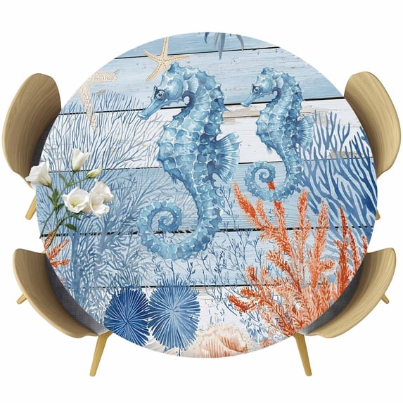 Blue Red Seahorse Coastal Round Tablecloth 55-60 Inch Round Fitted Table Cloth with Elastic Edge, Blue Wood Beach Coral Nautical Waterproof Table Cover Protector for Outdoor Picnic Party Dining
