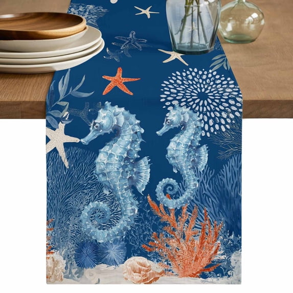 Blue Red Seahorse Coastal Table Runner 72 Inches, Navy Blue Beach Coral Nautical Bed Runner Dresser Scarves Tabletop for Indoor Outdoor Parties/Ceremony/Banquet, 13" x 72"
