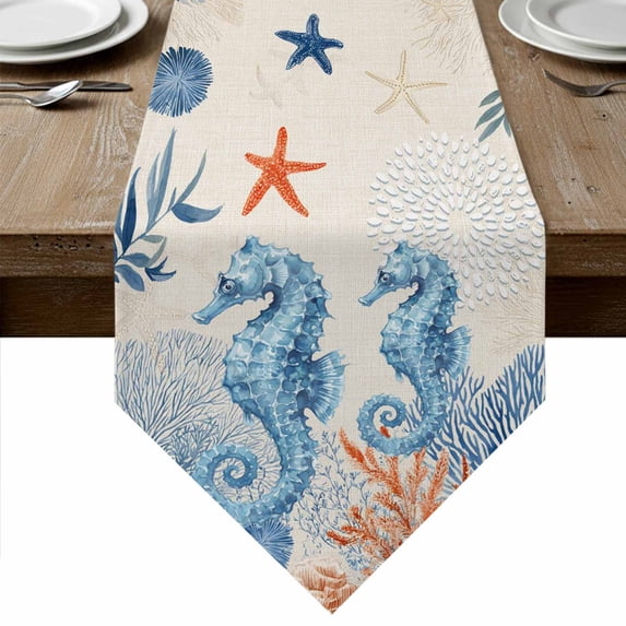 Blue Red Seahorse Coastal Table Runner Linen Burlap Table Runner 60 ...