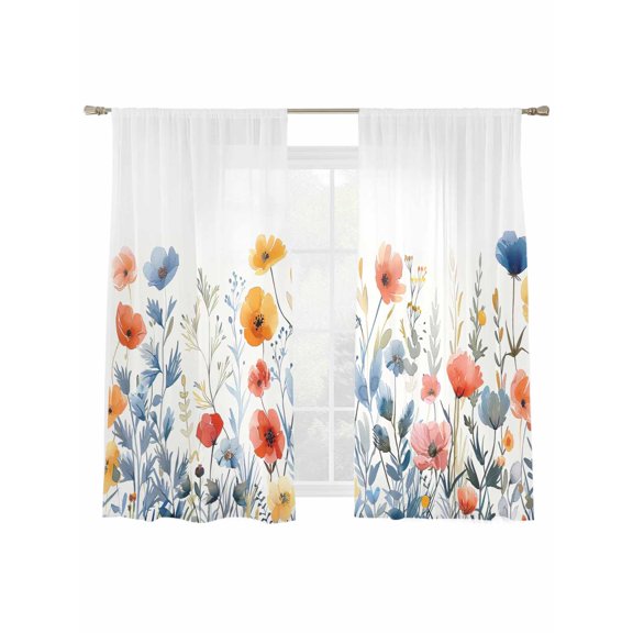 Blue Red Sheer Curtains 2 Panels Set and Yellow Poppy Watercolor Floral Sheer Window Curtains Light Filtering Rod Pocket Voile Drapes for Bedroom Living Room 52"x63"