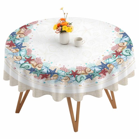 Blue Red Shells Round Tablecloth 54 inches Summer Beach Yellow Teal Blue Sea Stars Corals Linen Texture Waterproof Oil-Proof Table Cloth Round Table Cover for Holiday Party Picnic Dinner Decor