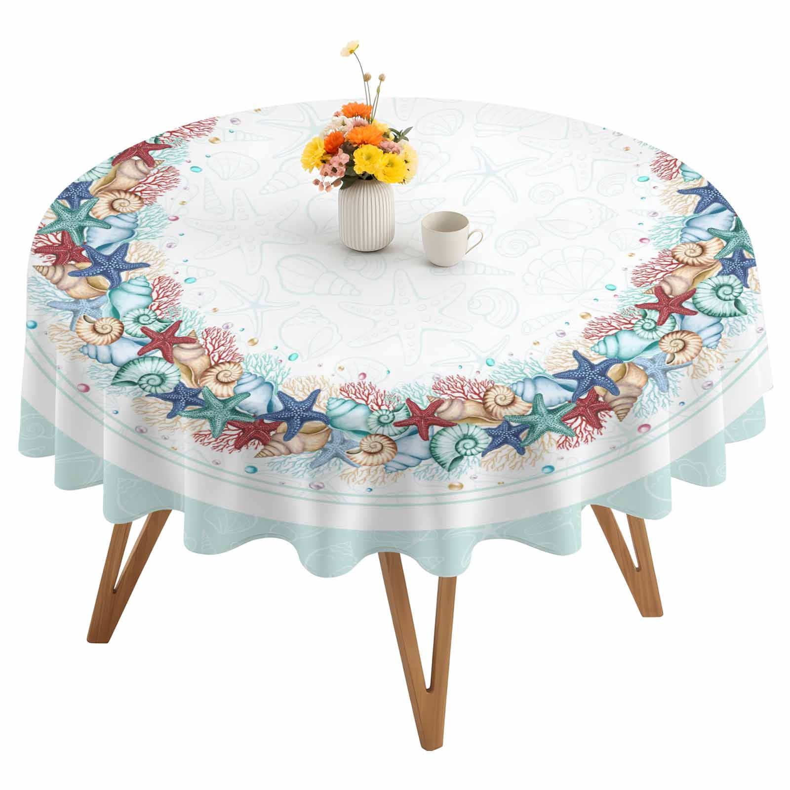Blue Red Shells Round Tablecloth 54 inches Summer Beach Yellow Teal ...