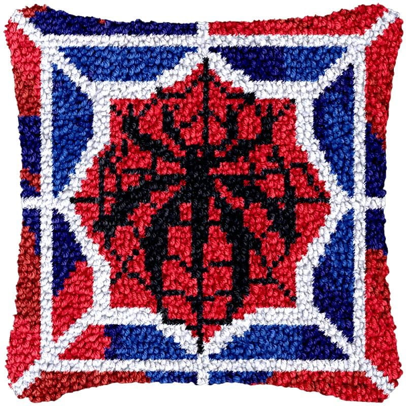 Blue & Red Spider Web Latch Hook Pillow Cover Kits for DIY Cushion Cross Stitch Crochet Hooking Latch Hook Pillowcase Rug Kits with Preprinted Canvas Crochet Yarn Kits Needlework Crafts 17'' X 17''