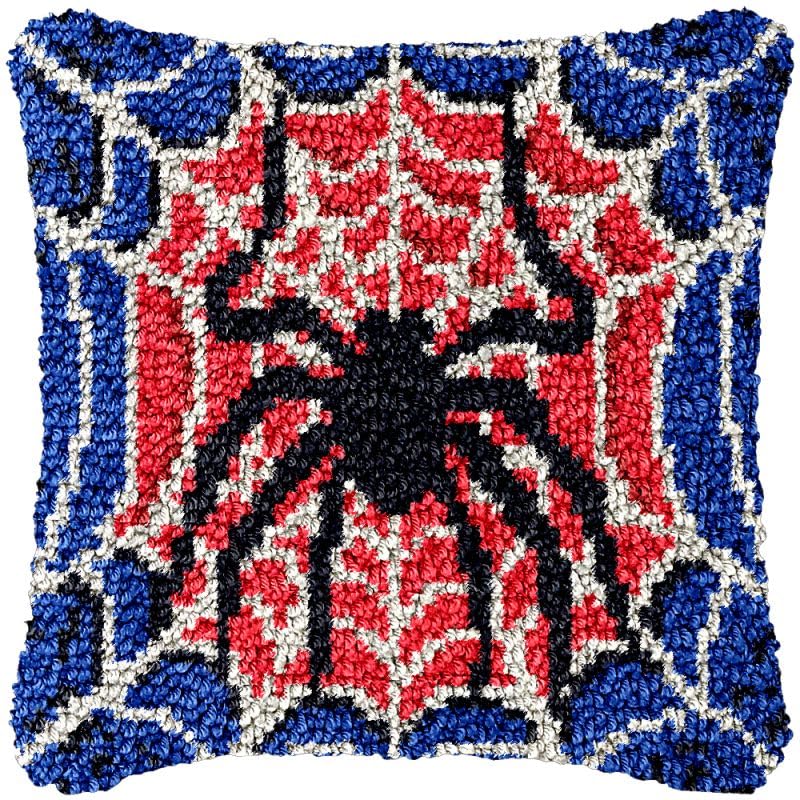 Blue Red Spider Web Latch Hook Pillow Cover Kits for Needlework Cushion Throw Pillow Cross Stitch Crochet Hook Pillowcase Rug Kits Printed Canvas Crochet Yarn Kits Needlework 17'' X 17''