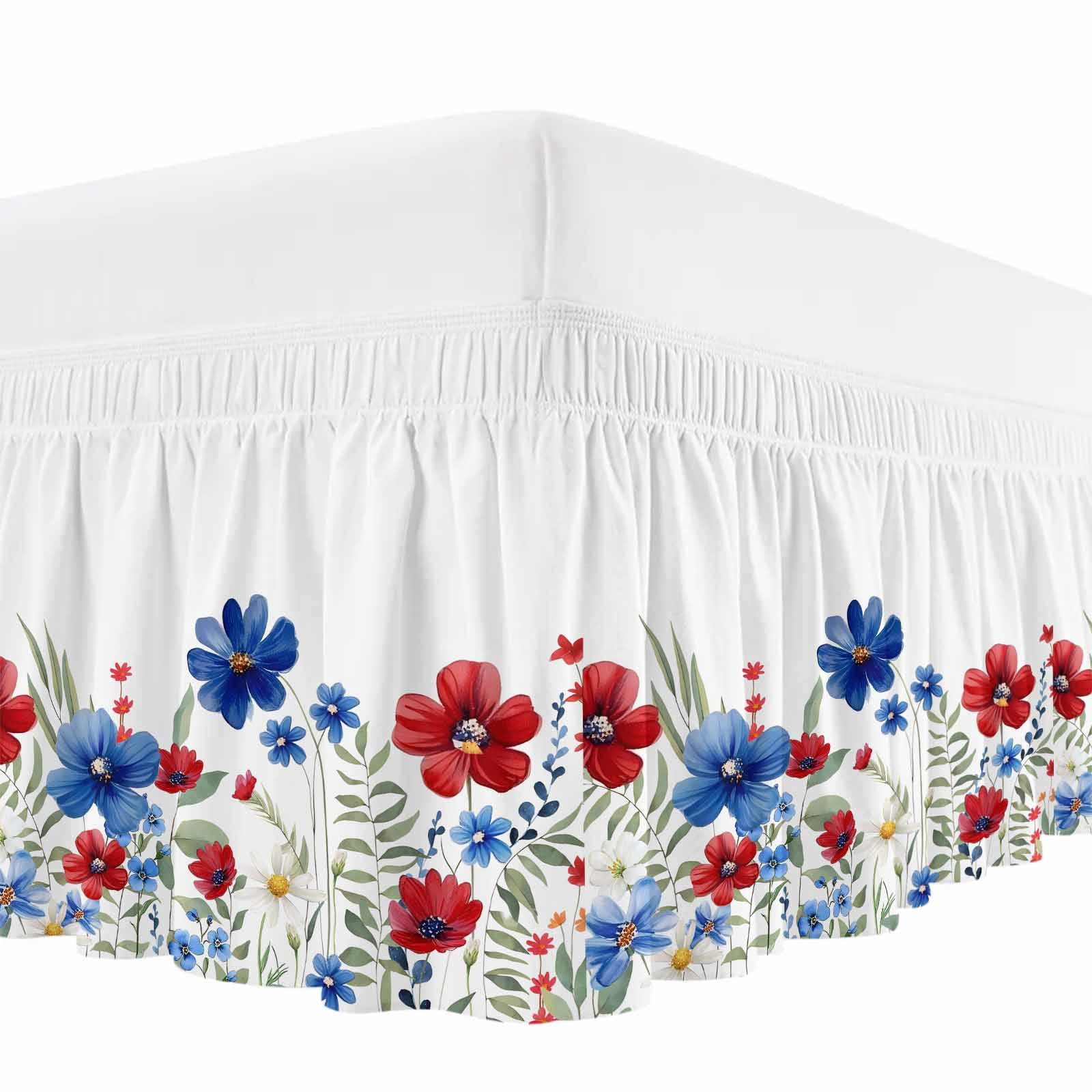 Blue Red Spring Blue Red Spring Floral Bed Skirt King Size, Pastoral Flowers Watercolor ...