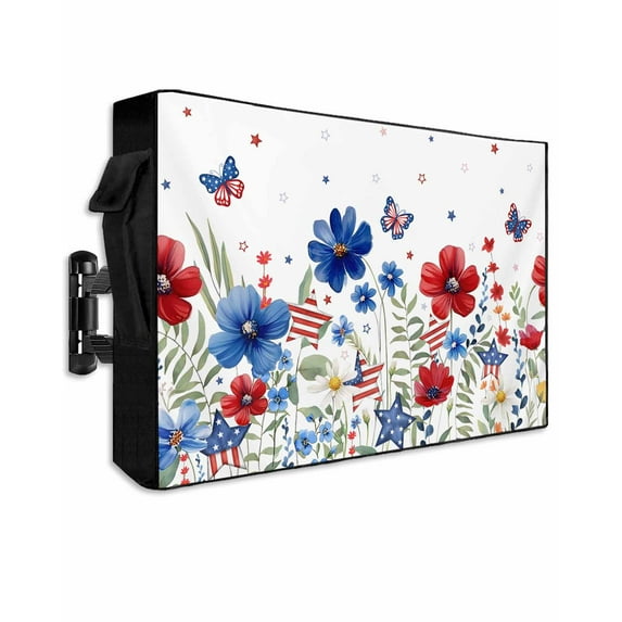 Blue Red Spring Floral Outdoor TV Cover 40 to 43 Inch Waterproof, Pastoral Flowers Butterflies Watercolor 600D Oxford TV Covers with Zipper, Outside Flat TV Screen Protector 40"Wx25"Hx4.5"D