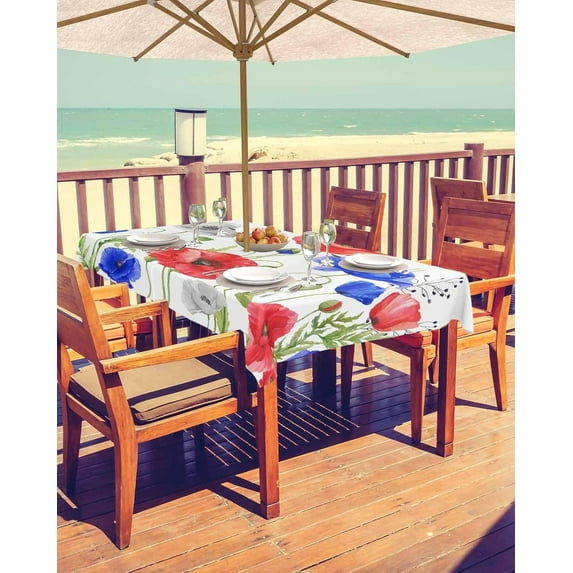 Blue Red Spring Floral Outdoor Tablecloth - 54x54 Inch Square Dining Table Cover, Watercolor Botanical 4th of July Waterproof Outdoor Table Cloth with Umbrella Hole & Zipper for Patio