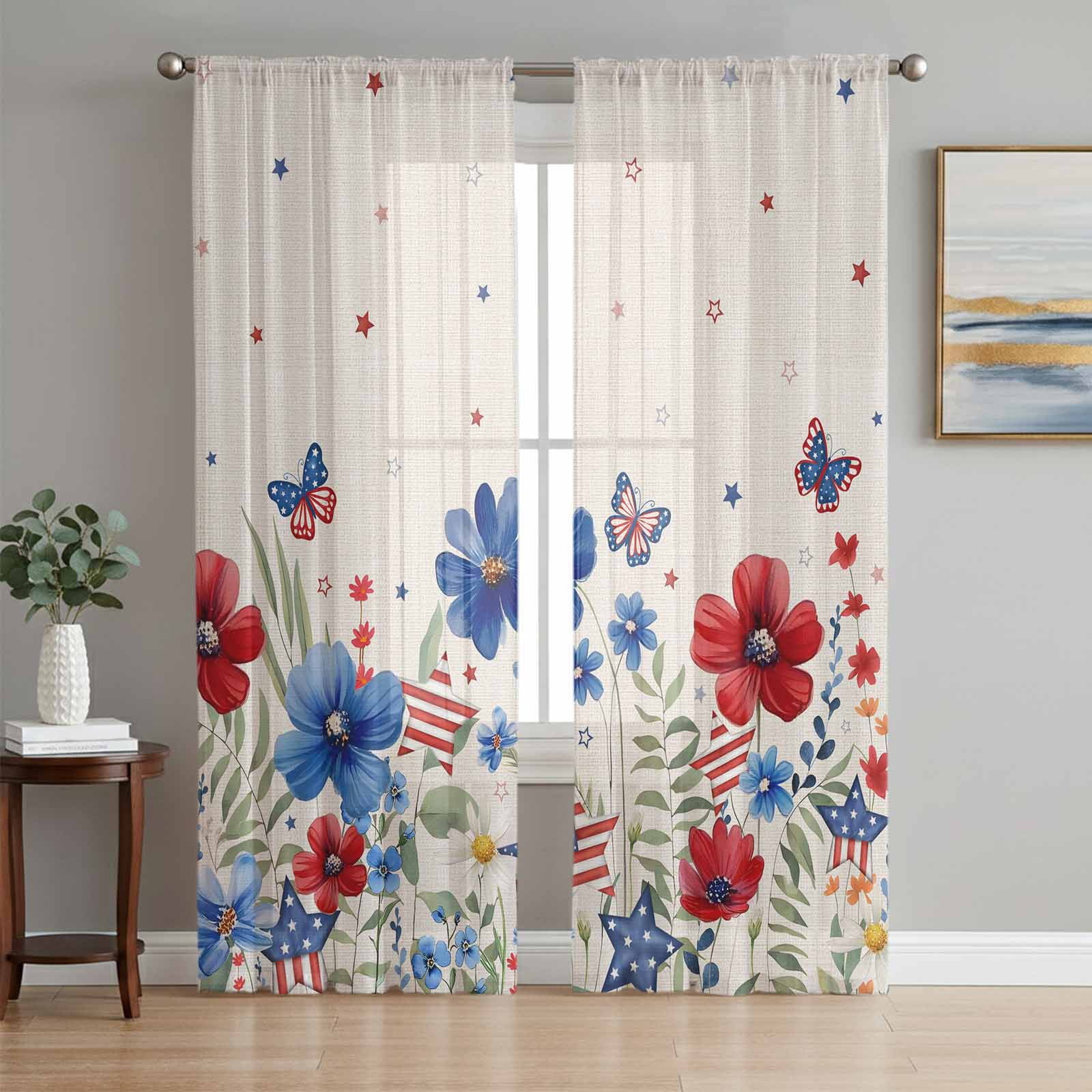 Blue Red Spring Blue Red Spring Floral Sheer Curtains 96 Inch Length 2 Panels Set ...