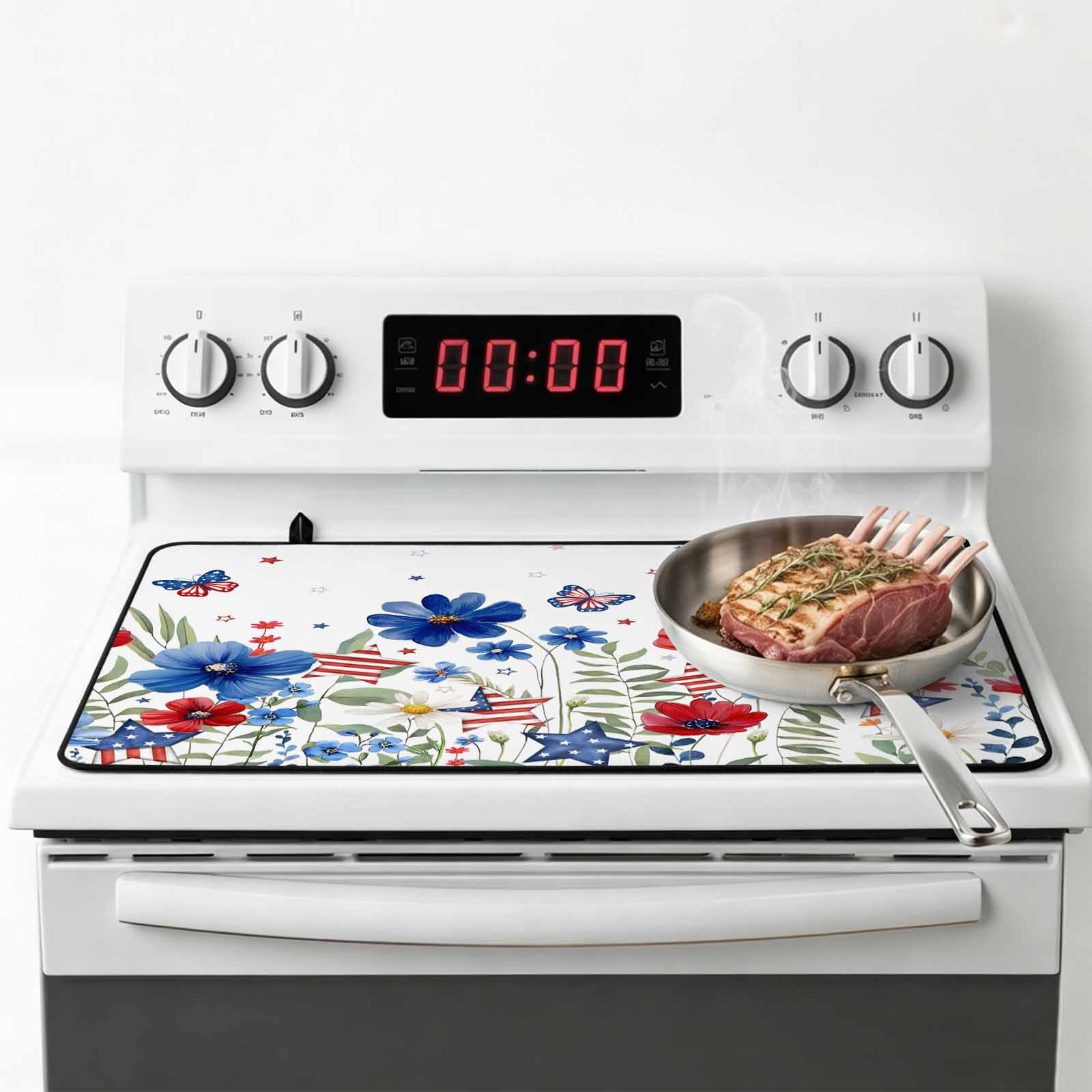 Blue Red Spring Floral Stove Top Cover for Electric Stove, Heat-proof & Non Slip Glass Top Stove Cover Protector, Pastoral Flowers Butterflies Watercolor Kitchen Flat Cooktop Rubber Mat 24x21 Inches