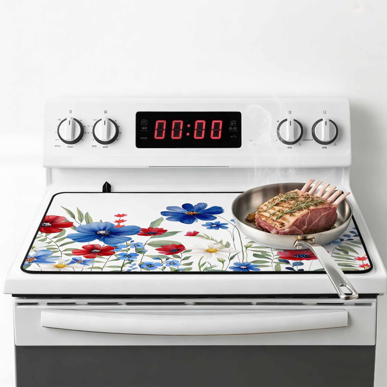 Blue Red Spring Floral Stove Top Cover for Electric Stove, Heat-proof & Non Slip Glass Top Stove Cover Protector, Pastoral Flowers Watercolor Kitchen Flat Cooktop Rubber Mat 24x21 Inches
