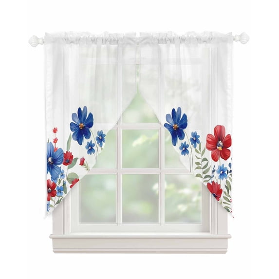 Blue Red Spring Floral Swag Valances for Windows, Pastoral Flowers Watercolor Rod Pocket Sheer Valances for Large Windows, Swag Toppers Light Filtering for Kitchen Living Room 2 Panels 36''x63''