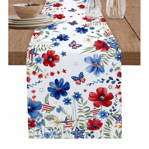 Blue Red Spring Floral Table Runner Cotton Linen 108 Inch Holiday Dresser Scarves, Pastoral Flowers Butterflies Watercolor Tablerunner for Kitchen Coffee Dining Bedroom Dinner Scarf Décor 13''x108''