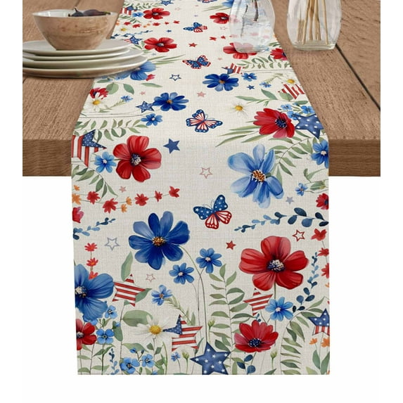 Blue Red Spring Floral Table Runner Cotton Linen 120 Inch Holiday Dresser Scarves, Watercolor Botanical Flowers Rustic Tablerunner for Kitchen Coffee Dining Bedroom Dinner Scarf Décor 13''x120''