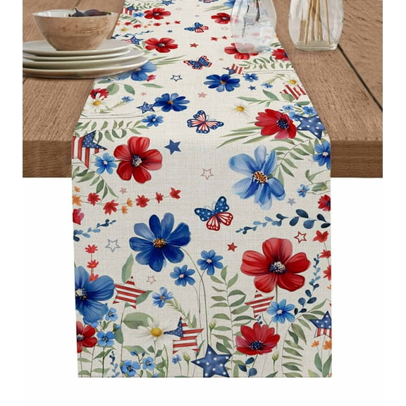 Blue Red Spring Floral Table Runner Cotton Linen 72 Inch Holiday Dresser Scarves, Watercolor Botanical Flowers Rustic Tablerunner for Kitchen Coffee Dining Bedroom Dinner Scarf Décor 13''x72''
