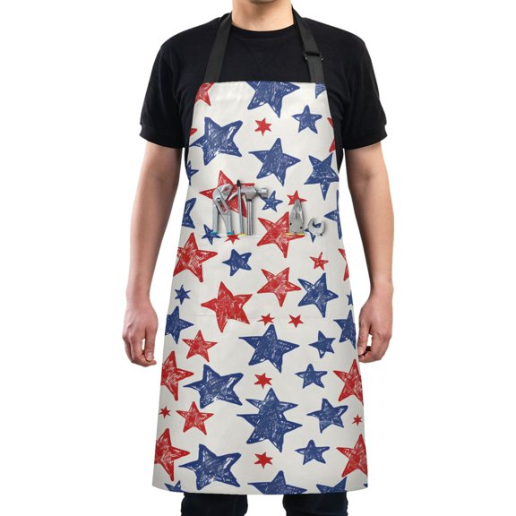 Blue Red Star Handdrawn Kitchen Apron with 2 Pockets Adjustable waterproof Cooking Aprons for Women Men Chef