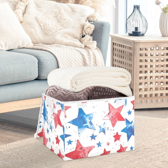 Blue Red Stars Storage Basket Foldable Laundry Basket Shelf Kids Toy Storage Container Organizer with Handles