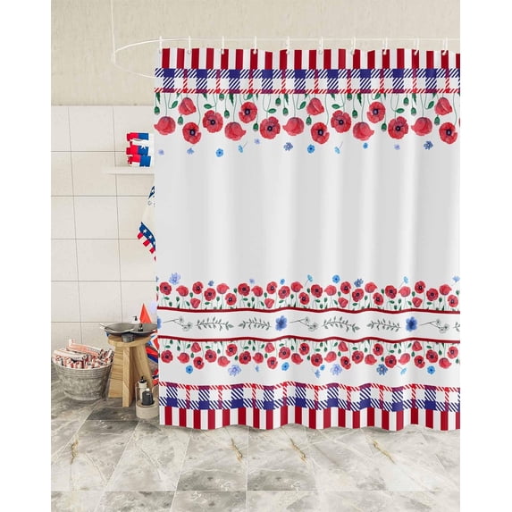 Blue Red Stripe Check Shower Curtain, Flowers Independence Day Shower Curtain Set with Hooks, Spring Summer Waterproof Fabric Shower Curtains for Bathroom Decor, 72x72 Inch Bath Curtain