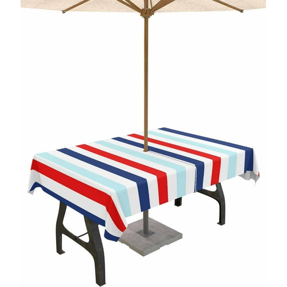 Blue Red Striped Outdoor Rectangle Tablecloth with Umbrella Hole 60x102inch Waterproof Tablecloth Zippered Patio Table Cloth, 4th of July Wrinkle-Free Decorative Table Cover for Picnic Dining