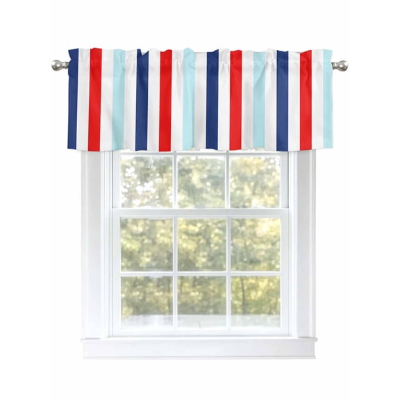Blue Red Striped Valances for Windows, Rod Pocket Kitchen Valance Curtains - Soft & Washable Small Window Treatment for Living Room,&nbsp;Bathroom, 4th of July , 42x12 Inch, 1 Panel